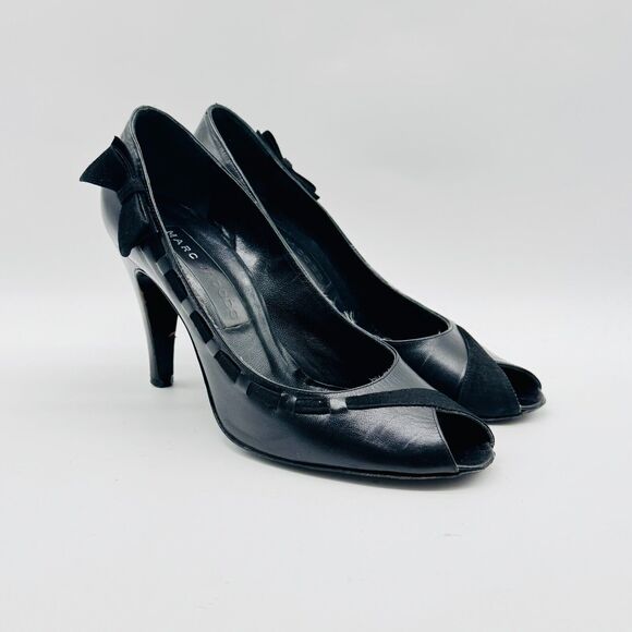 Marc Jacobs Shoes Womens 7.5 Black Velvet Patent Leather Heels Bow Peep Toe Pump - Picture 1 of 13